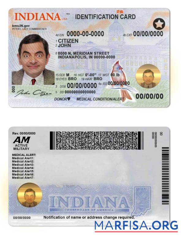 Downloadable USA Indiana State ID example